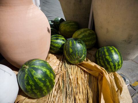 Watermelon Fruit Harvest Fresh Rustic Market Straw Organic Farm Produce Summer Green Striped Natural Autumn