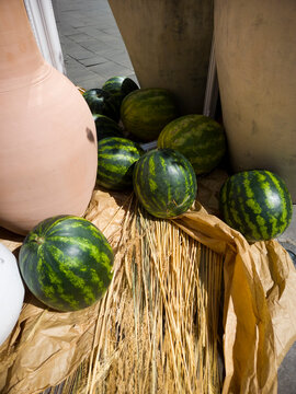 Watermelon Fruit Harvest Fresh Rustic Market Straw Organic Farm Produce Summer Green Striped Natural Autumn