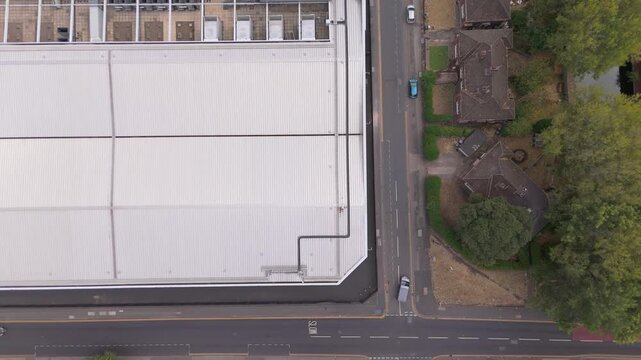 Above view looking at the of the HVAC cooling system of a modern data centre in Birmingham with pre-built, steel framework bays ready for future infrastructure expansion and growth