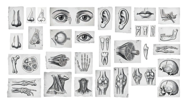 Vintage anatomical illustrations of human body parts isolated on transparent background