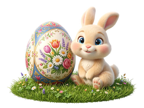 Cute easter bunny sitting next to a beautifully decorated floral egg isolated on transparent background