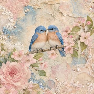 Bluebird Pair on Branch with Vintage Florals