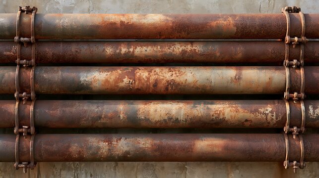 Rusty metal pipes mounted on a concrete wall