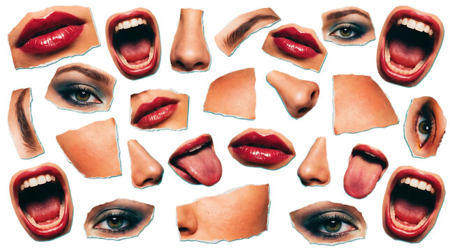 Collage of various facial features including eyes, noses, lips, and mouths isolated on transparent background