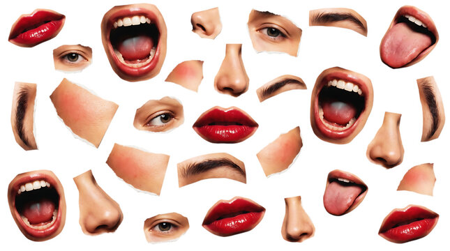 Collage of various human facial features isolated on transparent background