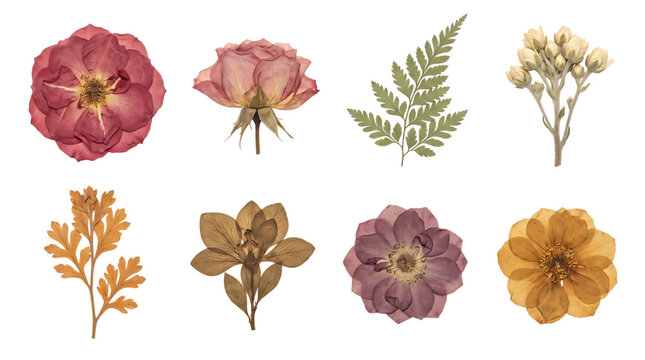 Collection of pressed dried flowers and leaves isolated on transparent background