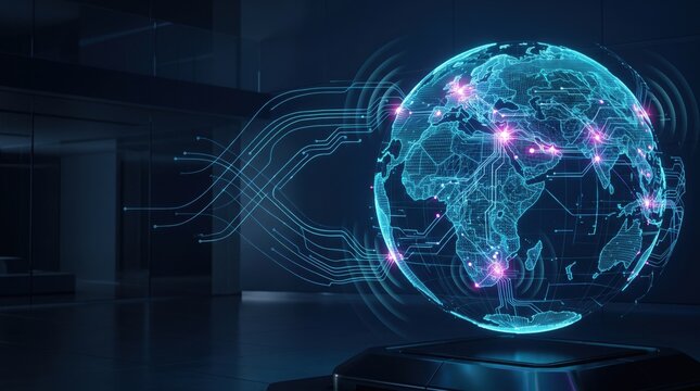 Futuristic digital globe with glowing interconnected network lines and vibrant colors