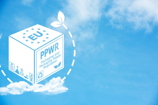 PPWR text and icons on blue sky background.packaging and packaging waste regulation concept.