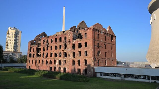 Volgograd, Russia - July 10, 2026: ruined red brick house in Volgograd
