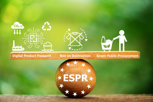ESPR text on wood and icons on natural background.Ecodesign for Sustainable Products Regulation concept.