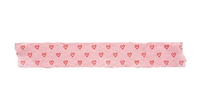 Pink washi tape strip with red handdrawn heart pattern isolated on transparent background