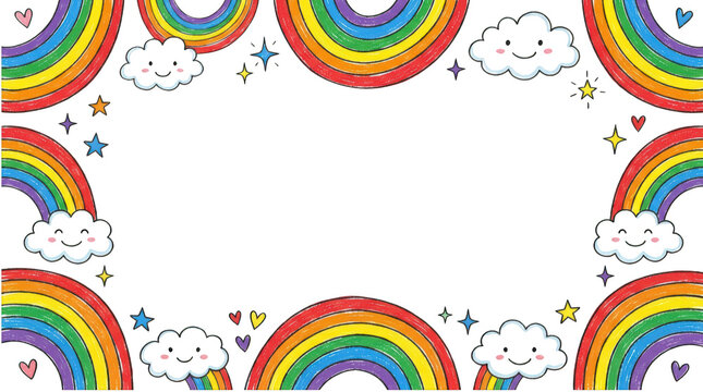 Cute rainbow and cloud border frame isolated on transparent background