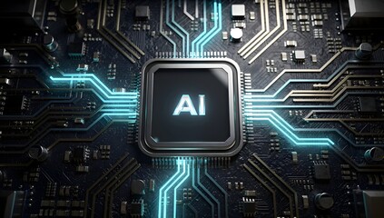 Fototapeta premium Artificial intelligence AI processor chip on advanced circuit board, machine learning computing concept, futuristic semiconductor technology and intelligent digital hardware architecture