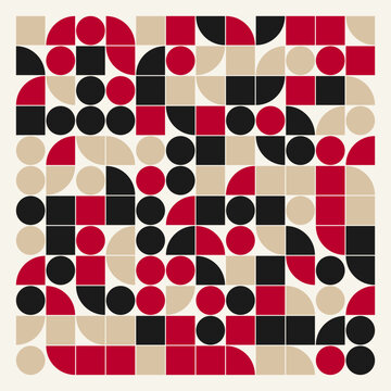 Abstract geometric pattern of black red and beige circles squares and quarter circles on a light background.