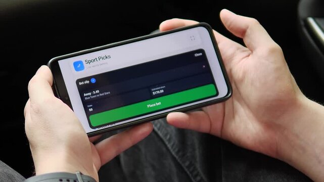 Smartphone sports betting sequence shows a bettor choosing match odds and checking the wager slip, highlighting cashless gaming, live odds updates and the expanding betting market.