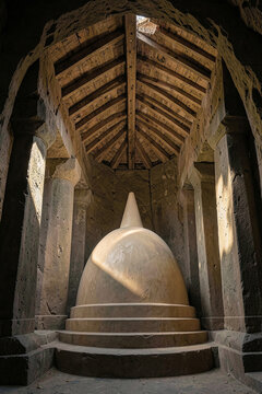 Rock cut cave shrine with a stupa beneath a ribbed vault