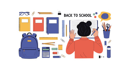 Naklejka premium Back to school vector illustration of a girl writing in a notebook surrounded by school icons like a blue backpack, calculator, pens, pencils, ruler, and colorful spiral notebooks.