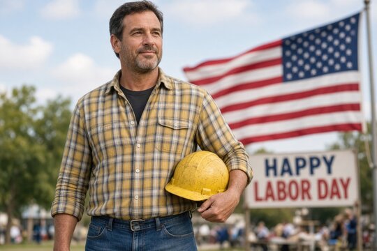 Smiling worker in plaid shirt holds hard hat, celebrating Labor Day outdoors