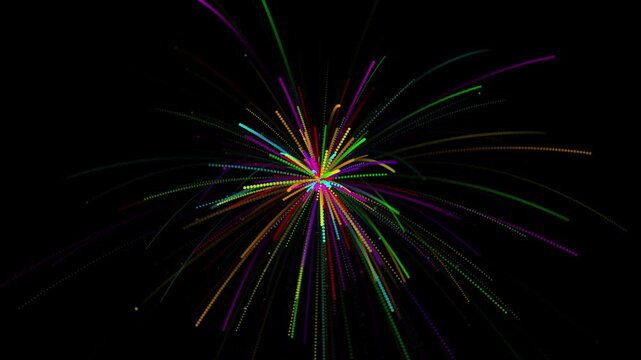 Abstract Colorful Dotted Particle Burst Motion Background Loop, Neon Spectrum Fireworks Explosion on Black Background for Celebration & Tech Visuals