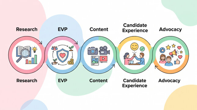 Candidate journey graphic: awareness, consideration, application, onboarding, and advocacy.