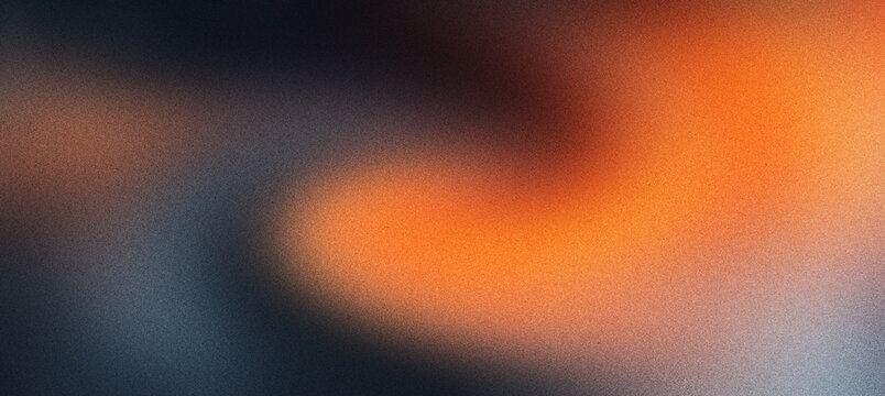 Abstract grainy gradient background with warm orange and dark blue tones, soft blurry texture with film grain effect, cinematic light leak backdrop for modern graphic design and web banners.