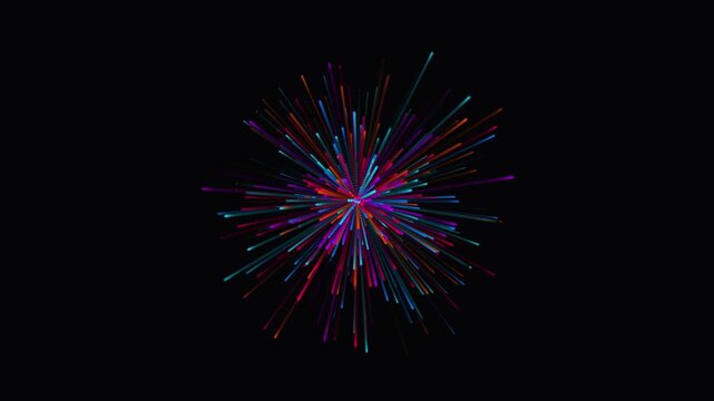 Abstract Colorful Starburst Motion Background Loop, Neon Radial Line Explosion with Particles on Black Background for Intro, Tech & Party Visuals