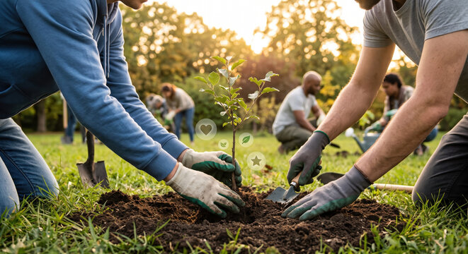 Team planting trees: purpose, sustainability, employee advocacy, and workplace culture.