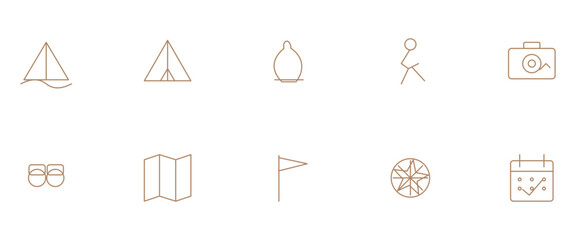 Fototapeta premium Set of ten brown outline travel and camping icons for adventure trips and outdoor exploration