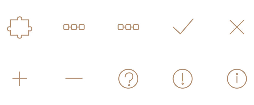 Set of thin line ui web icons including check mark plus minus and info symbols in brown color