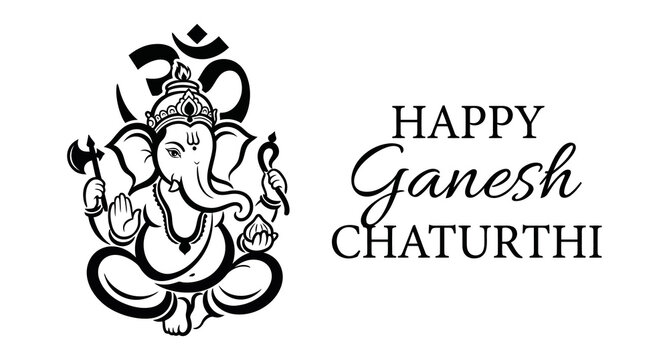 Happy Ganesh Chaturthi black line art vector illustration featuring seated Hindu deity Ganesha with minimalist typography