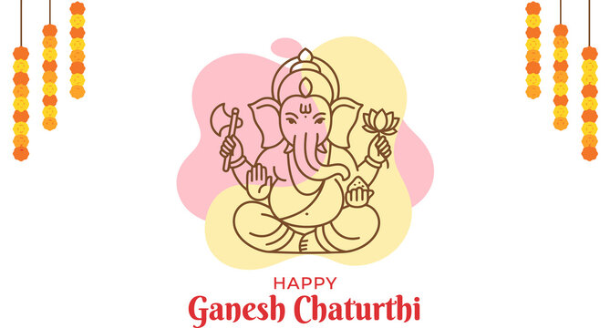Happy Ganesh Chaturthi soft pink sketch vector illustration with hanging floral garlands and festive greeting typography