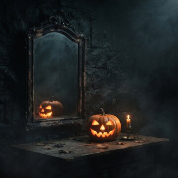 Spooky halloween jack o lantern glowing on a dark wooden table in front of an antique mirror