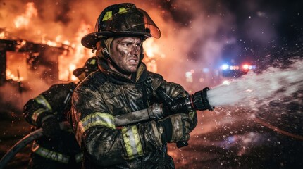 Naklejka premium Firefighter battling blaze with water hose at night