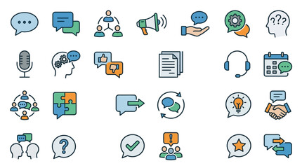 Fototapeta premium Minimalist Colorful Icons Set Featuring Communication Collaboration and Feedback Concepts with Flat Design Style