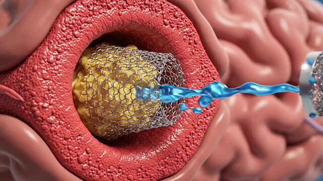 Medical stent procedure within vessel to clear blockage.