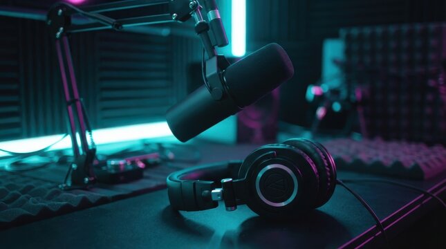 Professional podcast microphone and headphones in a recording studio with neon lighting