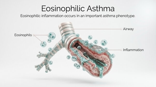Eosinophilic asthma medical illustration showing airway inflammation and bronchiole details