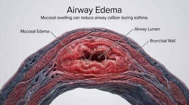 Airway edema medical infographic showing mucous swelling constricting bronchiole lumen