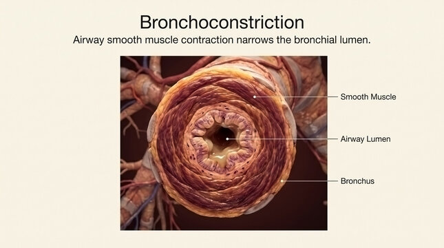 Bronchoconstriction medical infographic detailing airway smooth muscle contraction and lumen