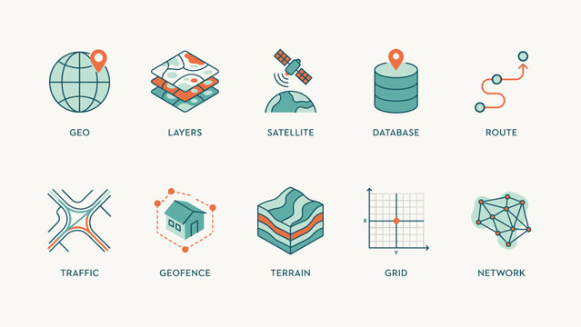 Digital geospatial GIS icon set featuring satellite and route data &ndash; Ideal for spatial data platforms, GIS software, or mapping technology.