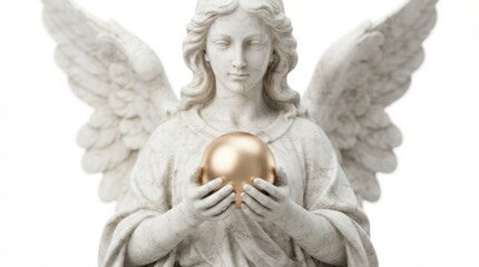 Fototapeta premium Marble angel statue holding a glowing golden sphere