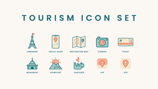 Travel and tourism vector icon set with sightseeing route and monument &ndash; Great for travel agency flyers, vacation tools, or mobile UI.