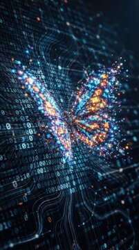 Digital butterfly made of glowing data particles and binary code