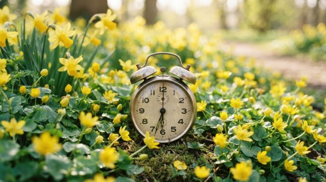 Vintage alarm clock surrounded by yellow spring flowers in a green forest