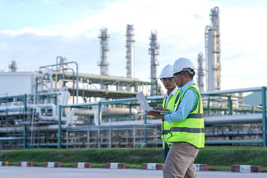 Engineer inspector refinery pipeline safety vest hard hat laptop document two male worker review checklist during industrial plant inspection confident teamwork under clear sky