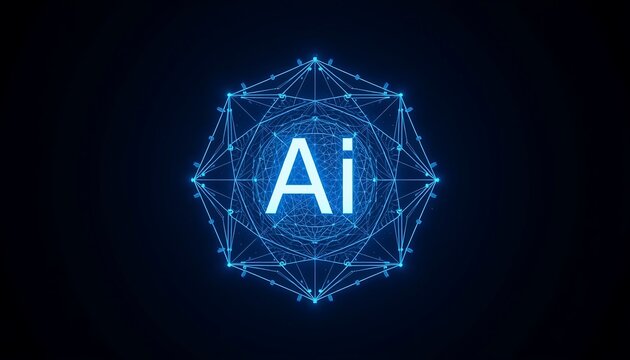 3d rendered glowing blue ai letter cube with wireframe