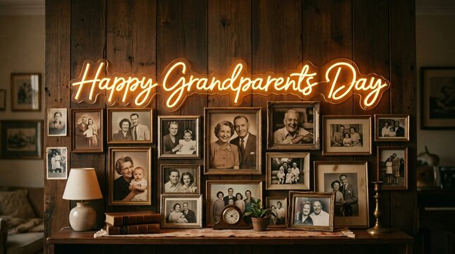 Glowing Happy Grandparents Day neon sign above vintage framed family portrait gallery on rustic wooden wall.