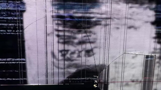 Defective Display Monitor Screen with Colorful Digital Signal Interference and Glitch