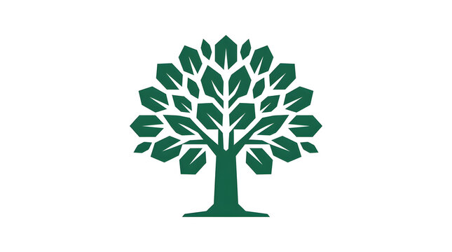 Symmetrical green tree logo with stylized geometric leaves isolated on white background. Modern vector icon for eco organization, environmental conservation, forestry, and sustainable growth branding.