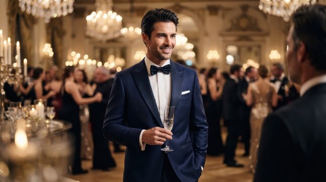 Handsome man in tuxedo holding champagne glass at a formal party